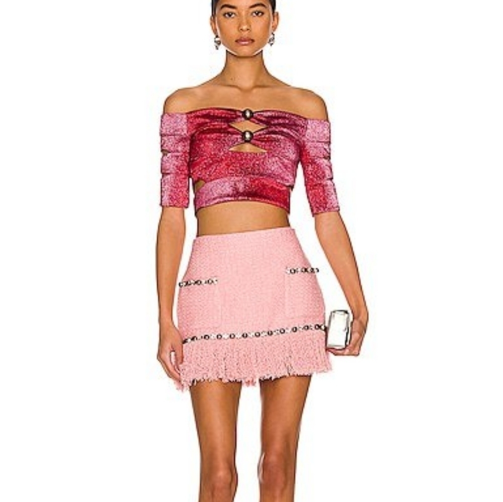 AREA Crystal Trim Fringe Tweed Miniskirt in Pale Pink size 4 NWT